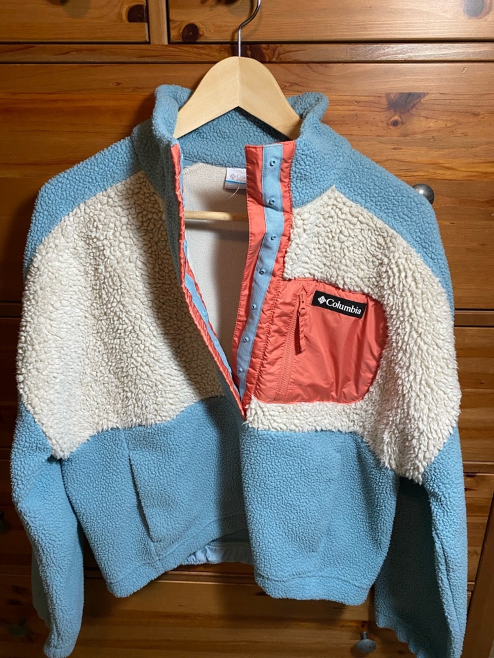 Columbia Blue, Cream & Coral Colorblock Sherpa pullover
